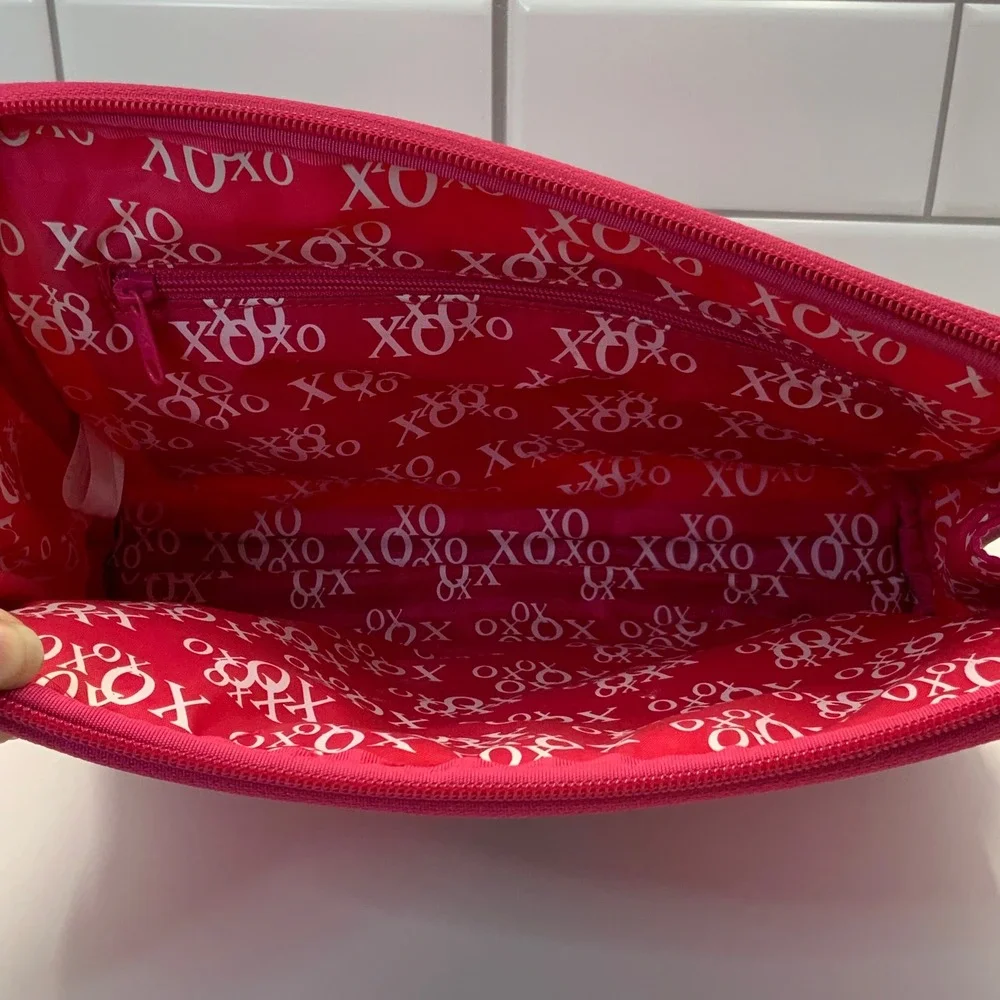 XOXO Hot Pink Nylon Cosmetic‎ Bag Makeup Pouch Brown Trim Striped Accent